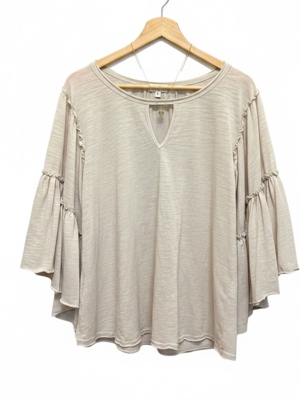 Umgee Neutral Keyhole Neckline Wide Bell Sleeve Pullover Blouse Size M